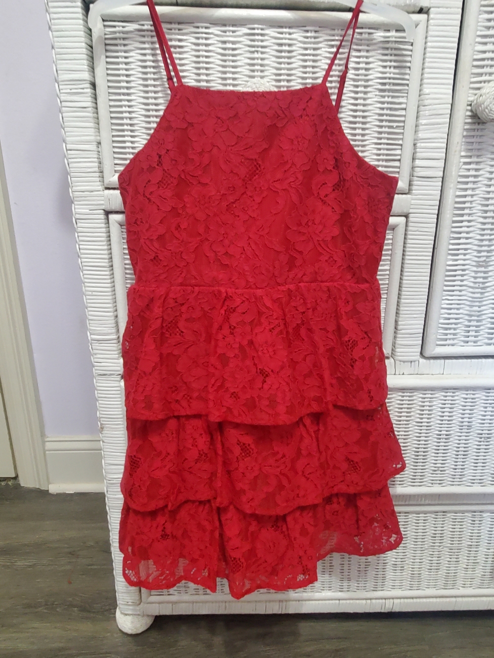 Girls Red Lace Tiered Party Dress with Spaghetti Straps